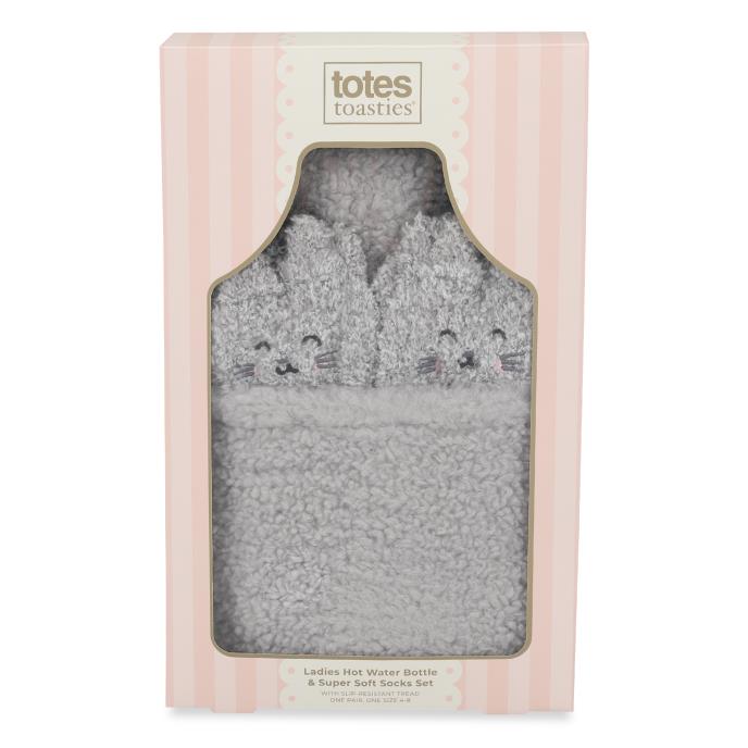 totes Faux Fur Hot Water Bottle with Cosy Sock Gift Set Grey Extra Image 7